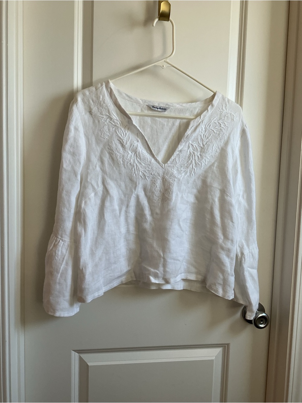 Tommy Bahama White Embroidered V-Neck Women's Linen Top